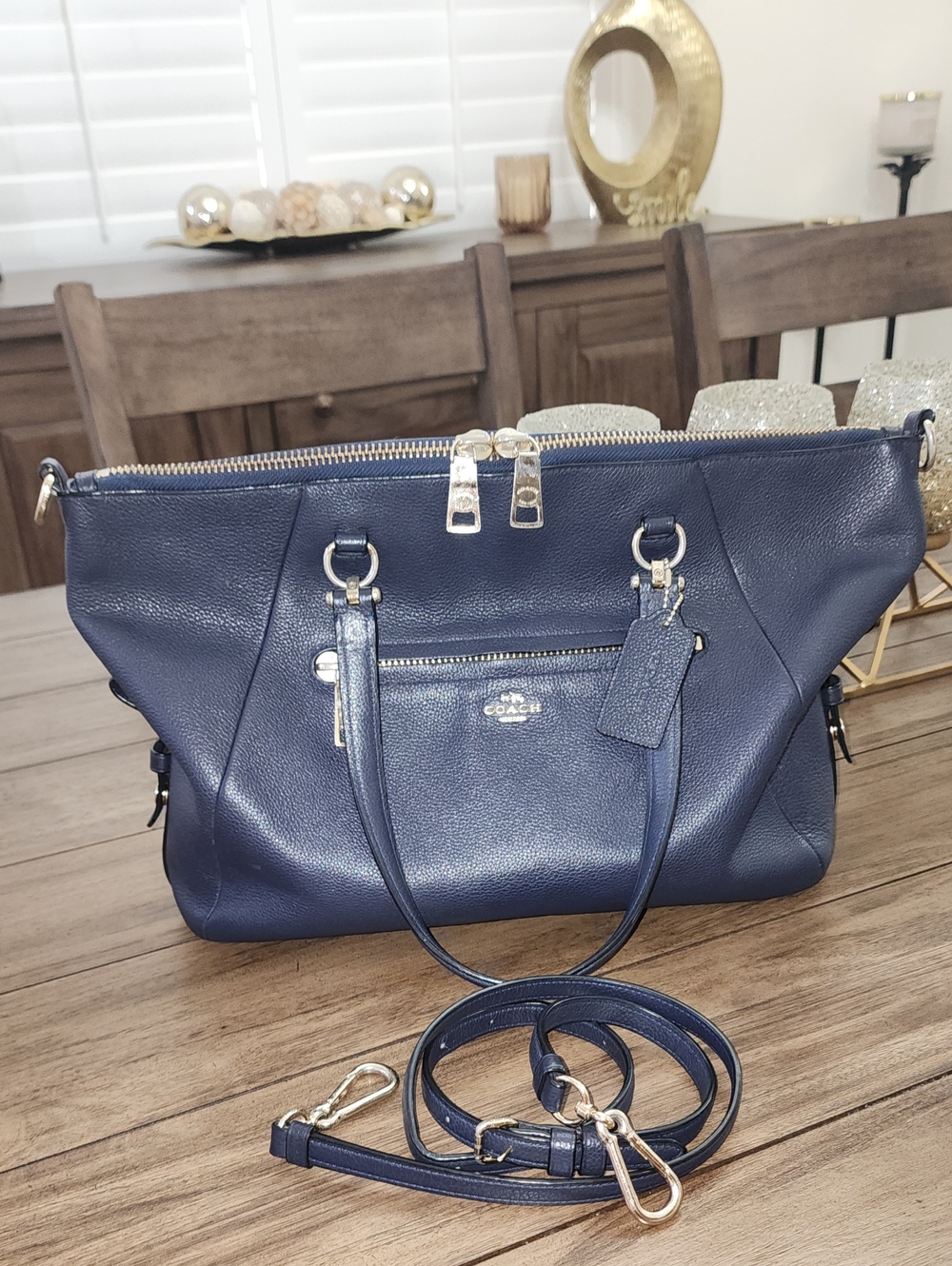 Coach Navy Leather Shoulder Tote & Crossbody with Removable Strap